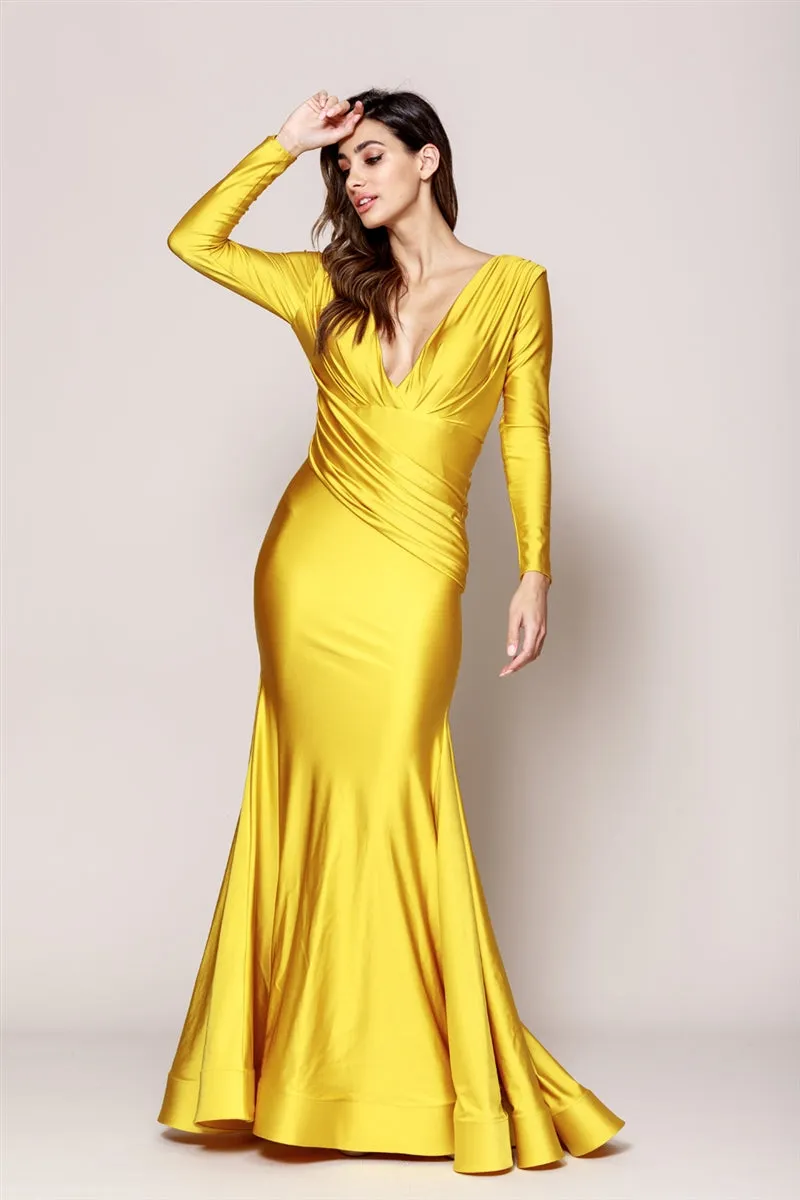 Fitted Satin Long Sleeves Open Back Green Evening Gown AC381