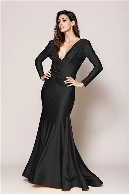 Fitted Satin Long Sleeves Open Back Green Evening Gown AC381