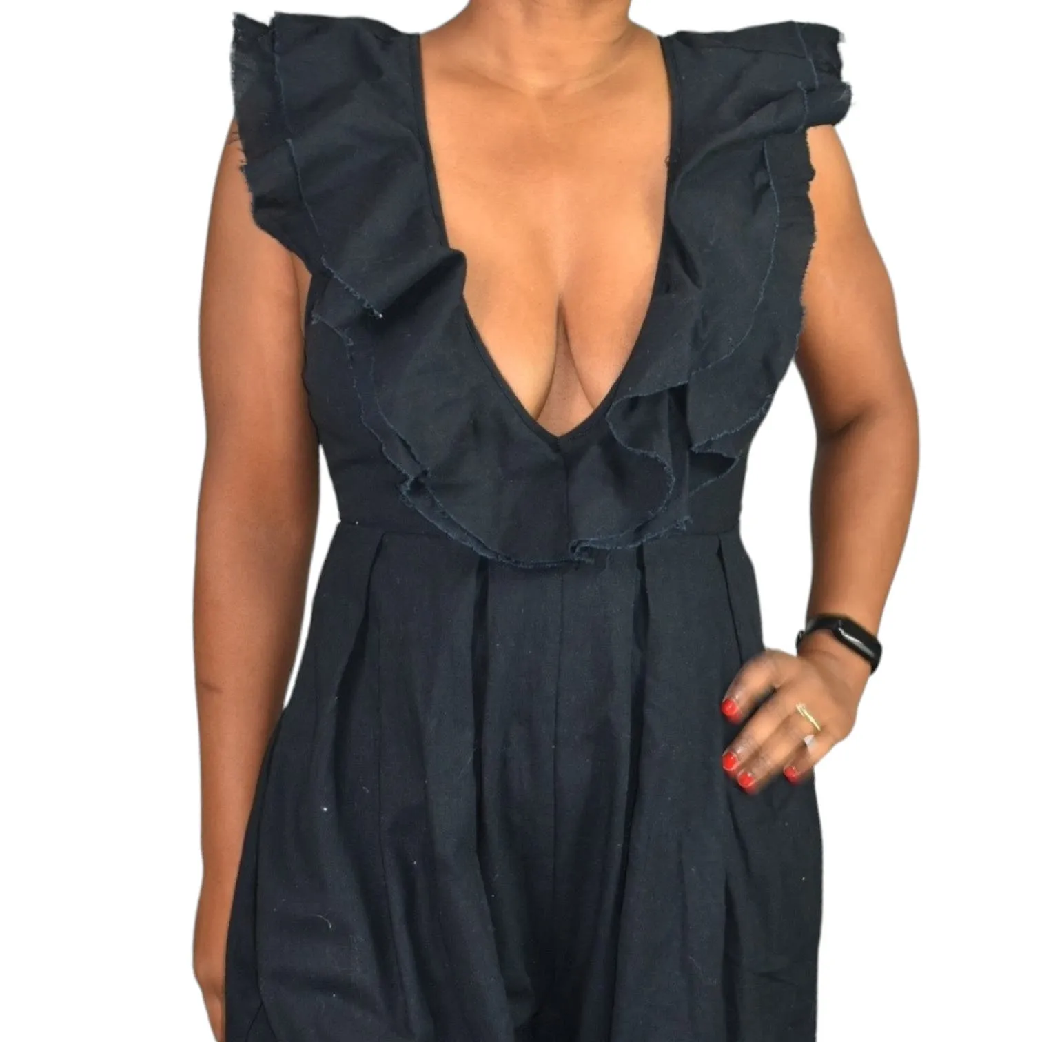 Free People Marta Jumpsuit Black Linen Cotton Blend Wide Leg Ruffle Cropped Low Cut V Size 4