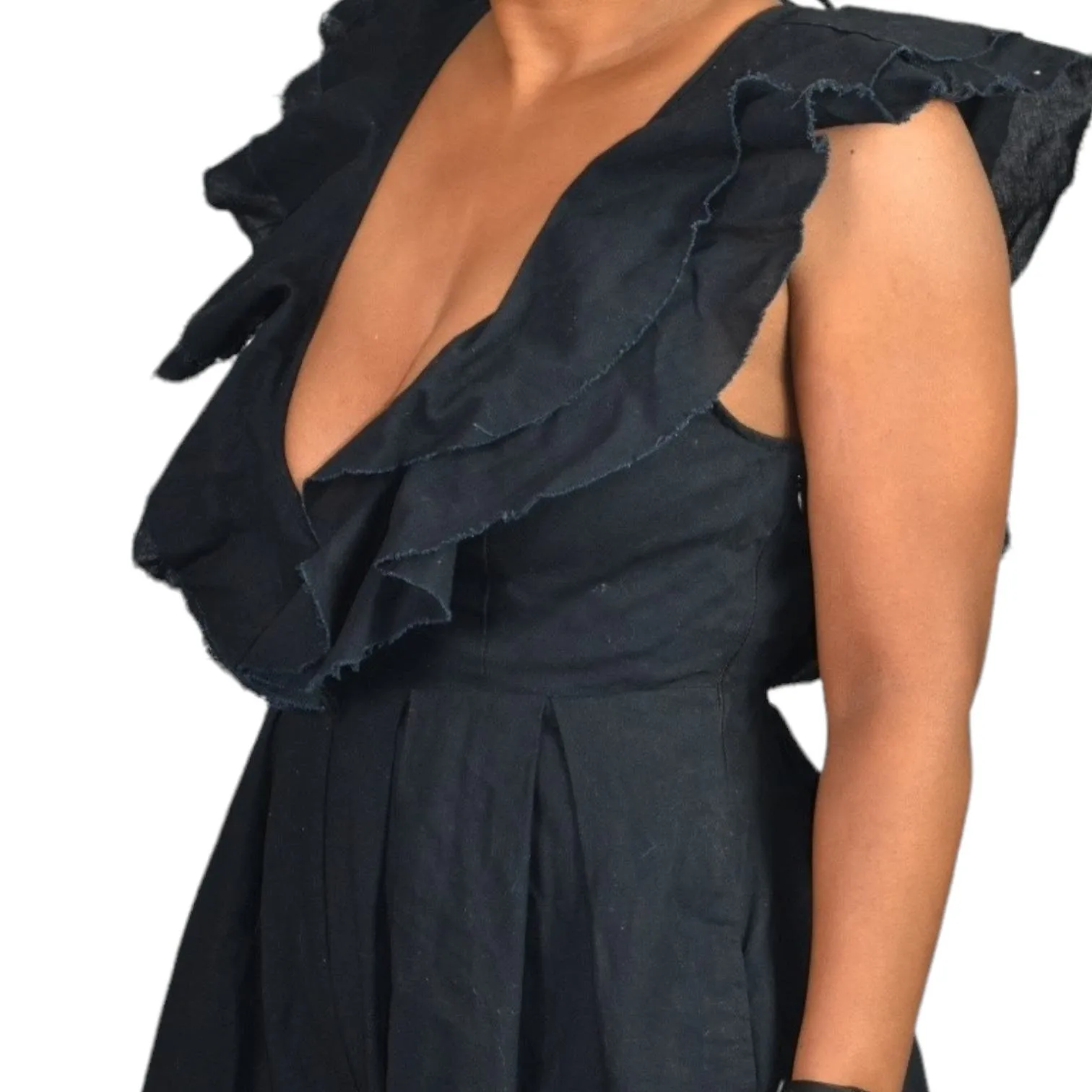 Free People Marta Jumpsuit Black Linen Cotton Blend Wide Leg Ruffle Cropped Low Cut V Size 4