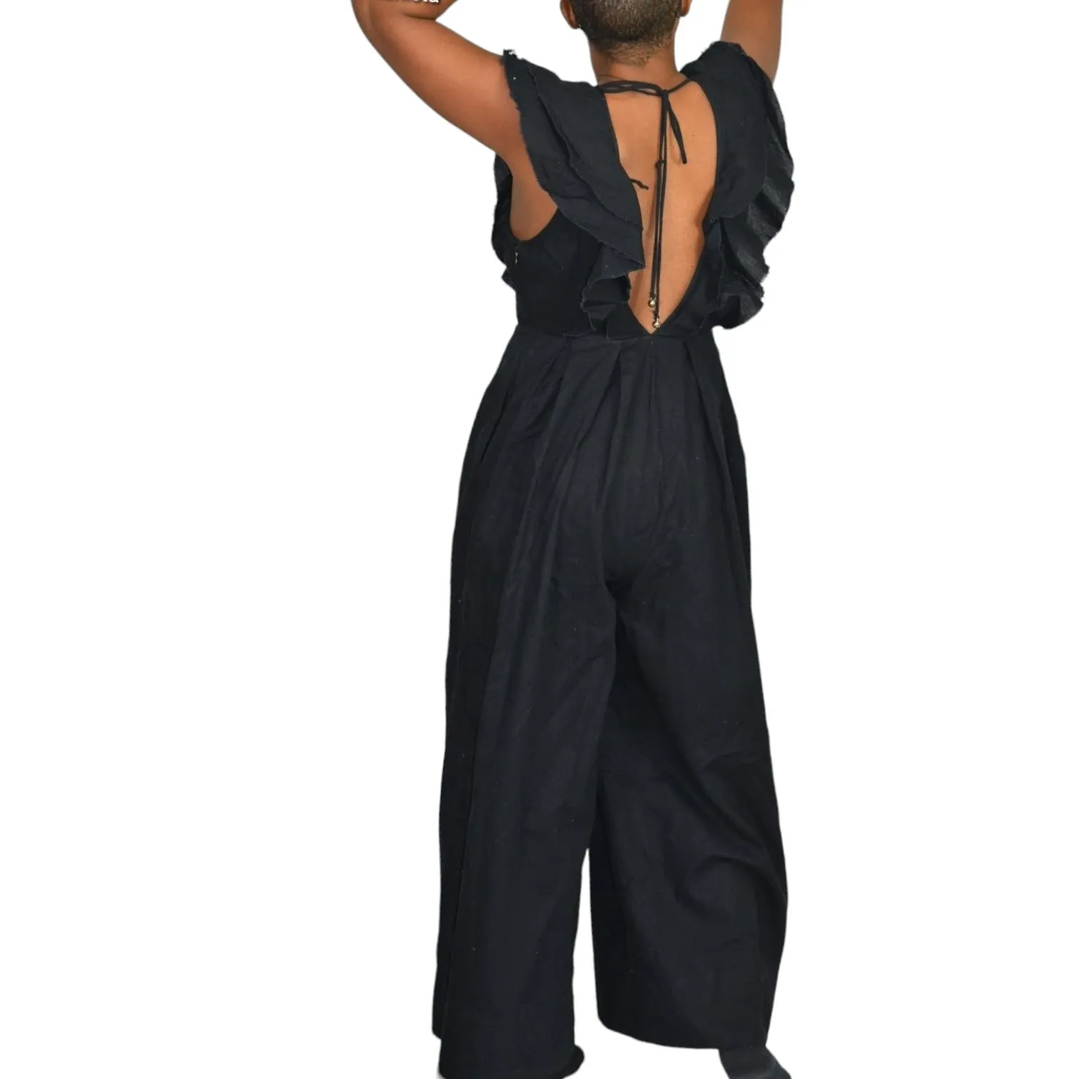 Free People Marta Jumpsuit Black Linen Cotton Blend Wide Leg Ruffle Cropped Low Cut V Size 4