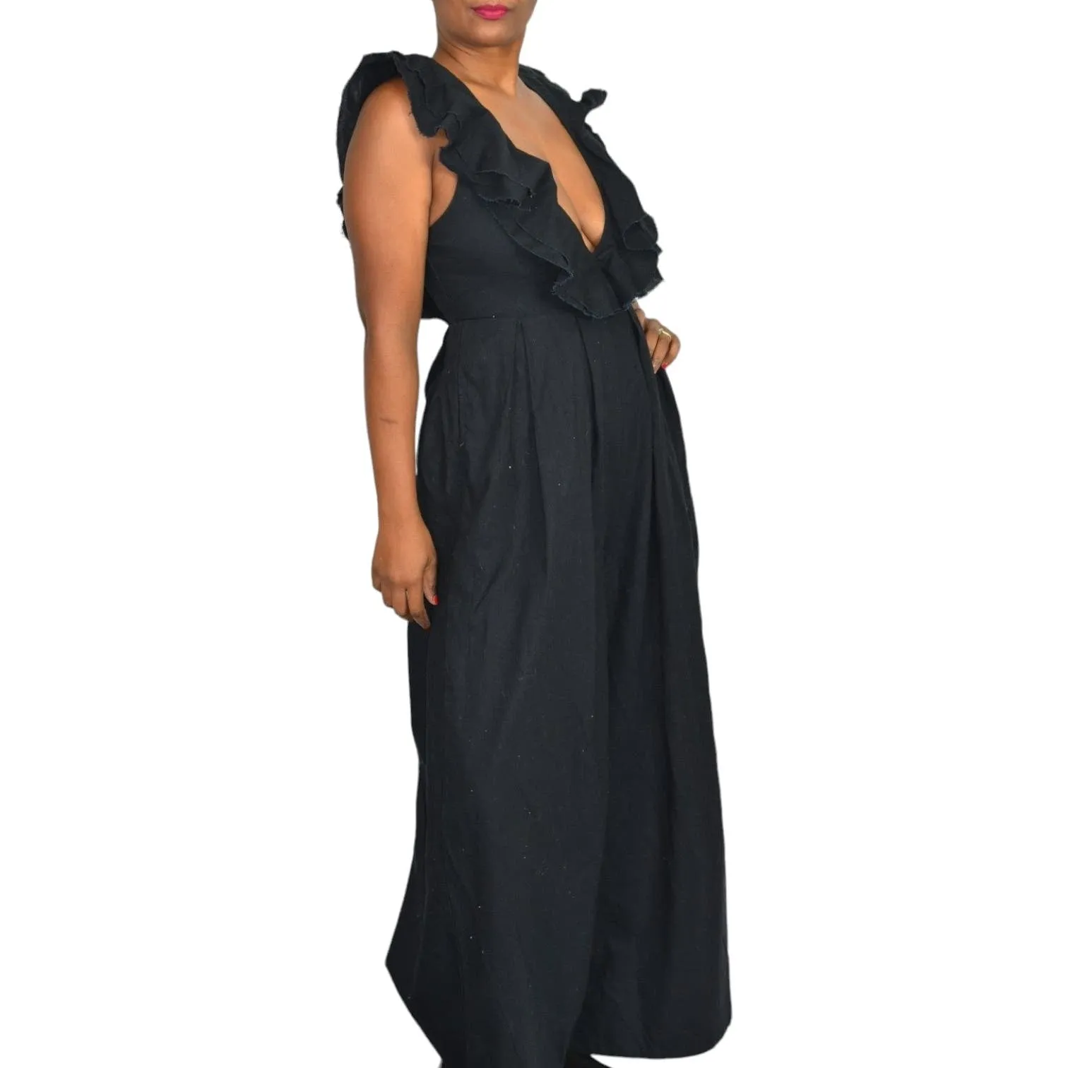 Free People Marta Jumpsuit Black Linen Cotton Blend Wide Leg Ruffle Cropped Low Cut V Size 4