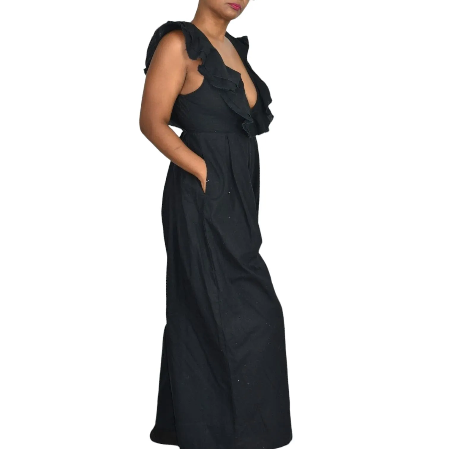 Free People Marta Jumpsuit Black Linen Cotton Blend Wide Leg Ruffle Cropped Low Cut V Size 4