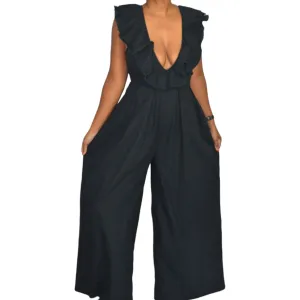 Free People Marta Jumpsuit Black Linen Cotton Blend Wide Leg Ruffle Cropped Low Cut V Size 4