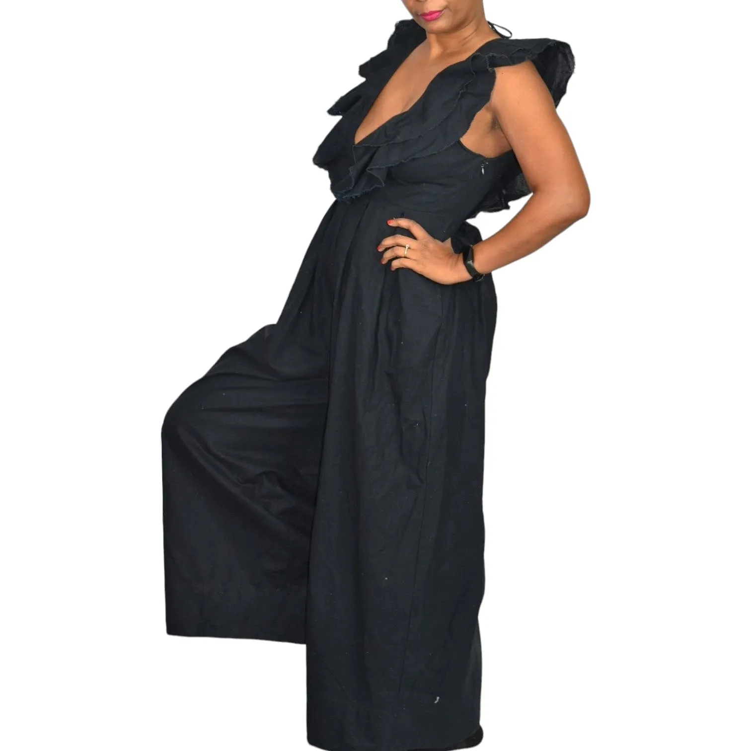 Free People Marta Jumpsuit Black Linen Cotton Blend Wide Leg Ruffle Cropped Low Cut V Size 4