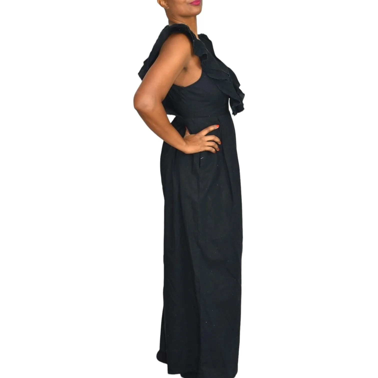 Free People Marta Jumpsuit Black Linen Cotton Blend Wide Leg Ruffle Cropped Low Cut V Size 4