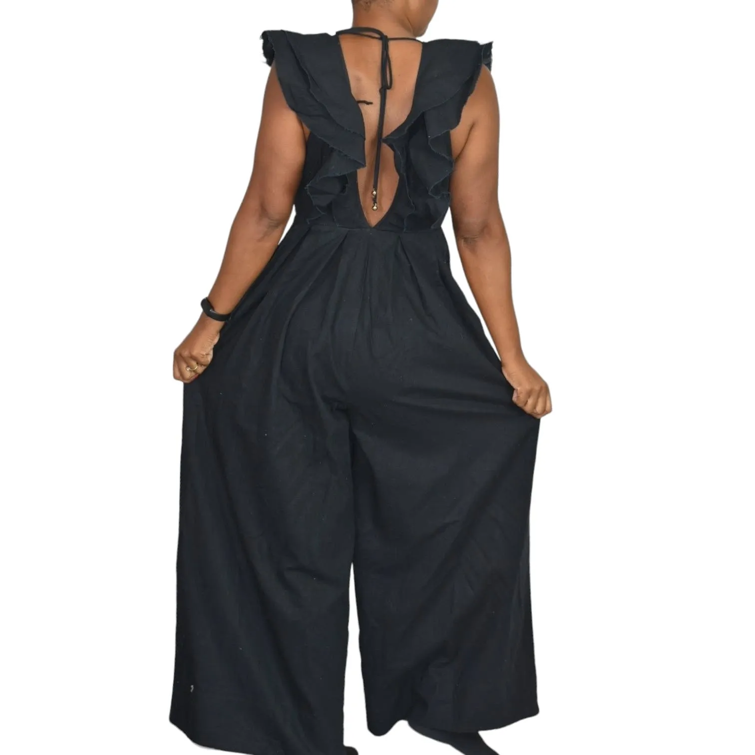 Free People Marta Jumpsuit Black Linen Cotton Blend Wide Leg Ruffle Cropped Low Cut V Size 4