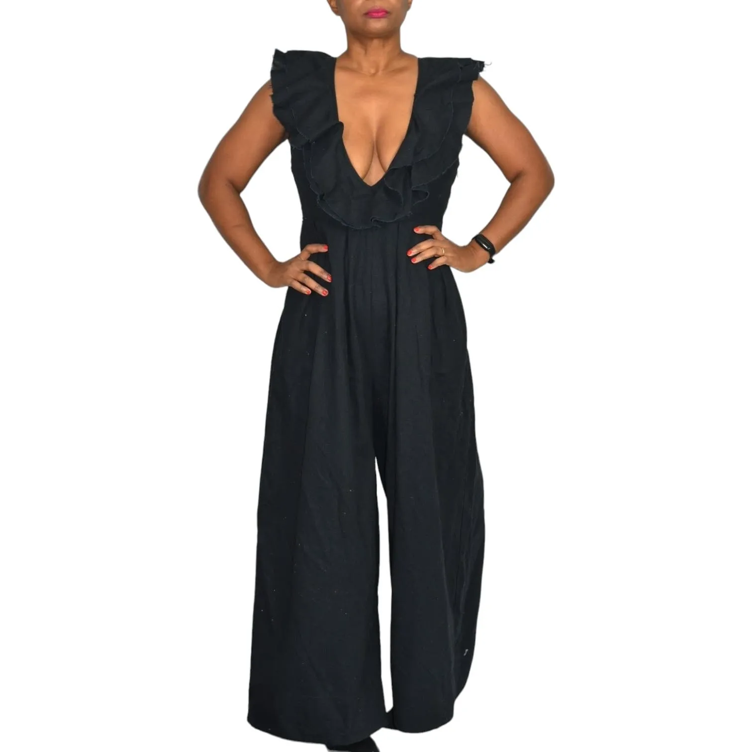 Free People Marta Jumpsuit Black Linen Cotton Blend Wide Leg Ruffle Cropped Low Cut V Size 4
