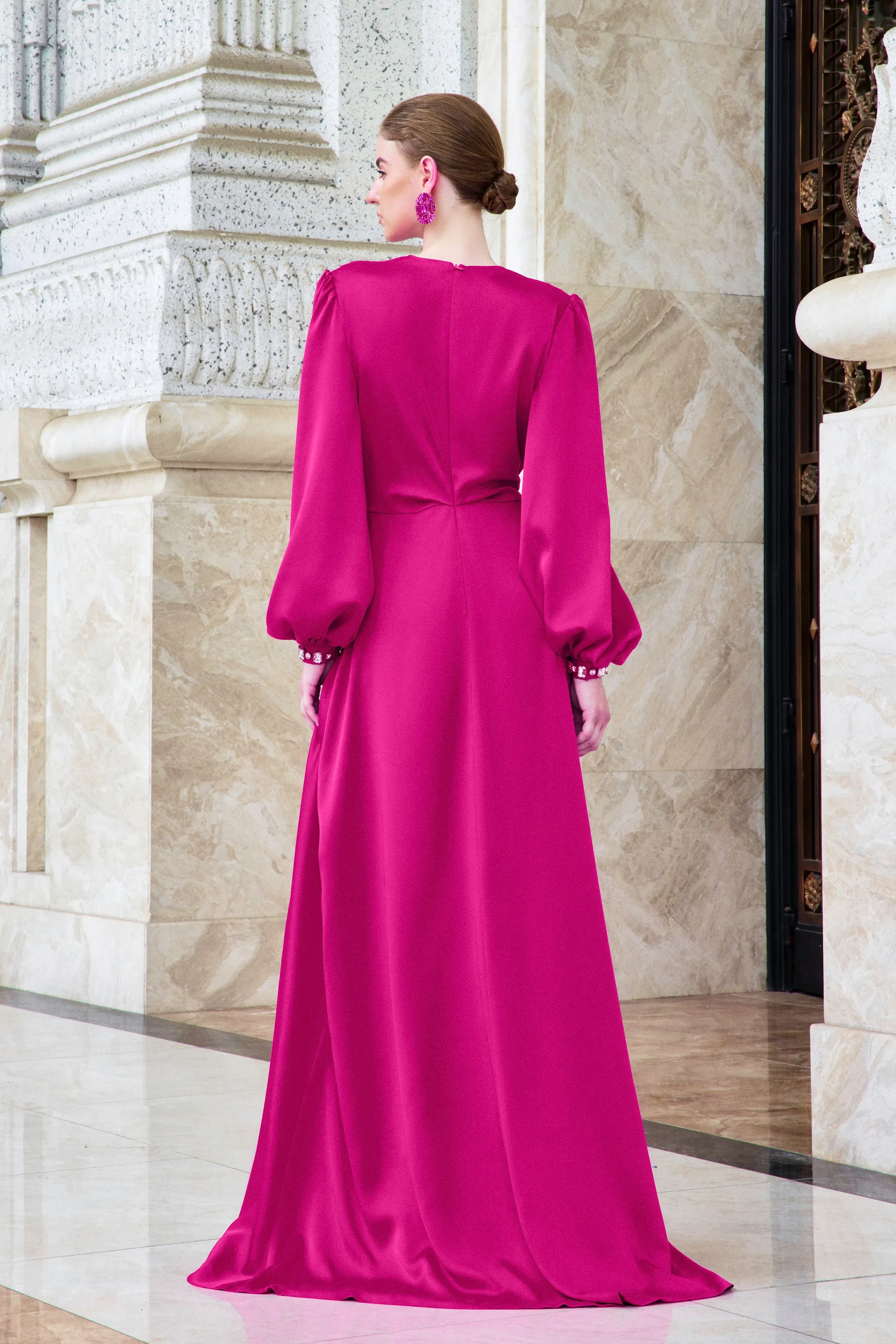 I.H.F Atelier: Luxurious Fuchsia Satin Gown with Draped Design