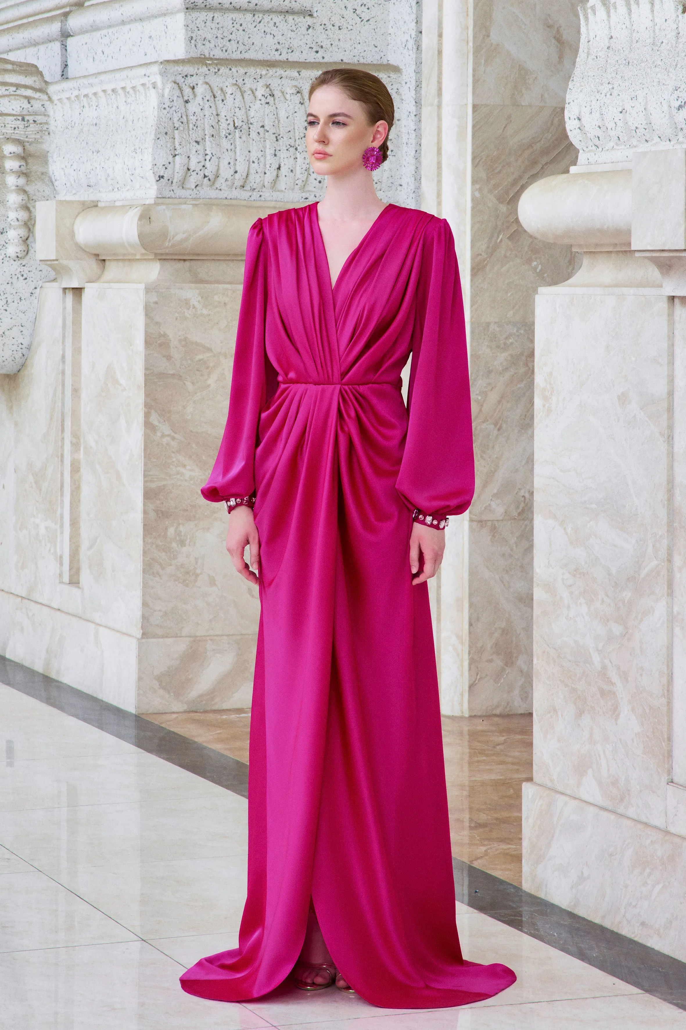 I.H.F Atelier: Luxurious Fuchsia Satin Gown with Draped Design