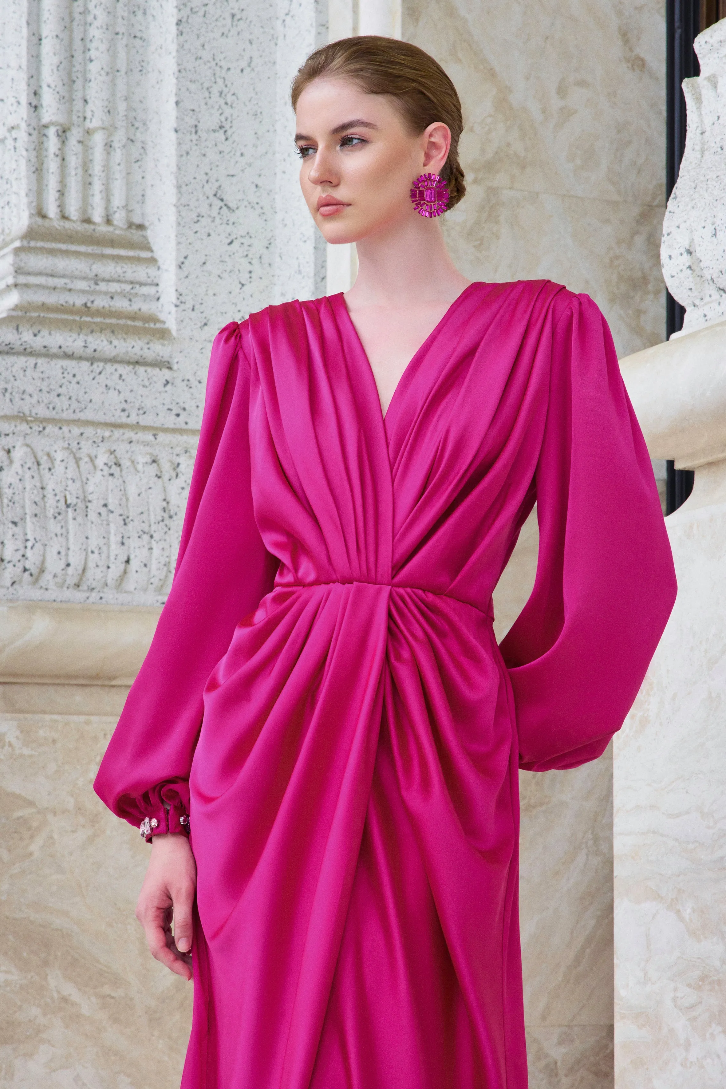I.H.F Atelier: Luxurious Fuchsia Satin Gown with Draped Design