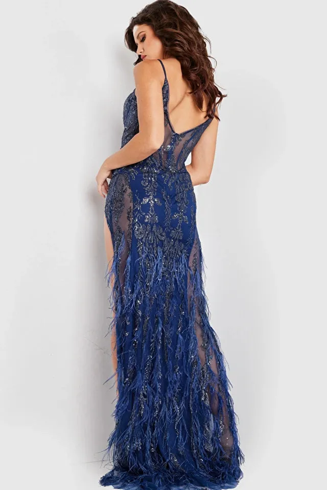 Jovani 36885 Long Prom Dress  Fitted Corset Bodice Sheer V Neck Feather High Slit Formal Pageant Gown