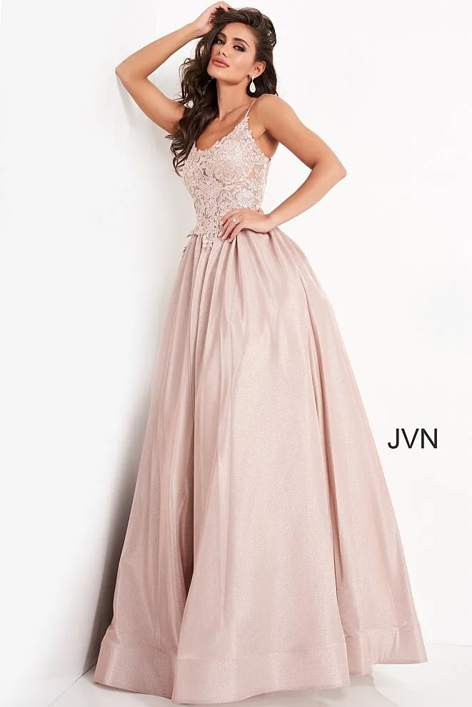 JVN03038 Red Prom Dress sheer lace bodice shimmer iridescent ball gown size 4