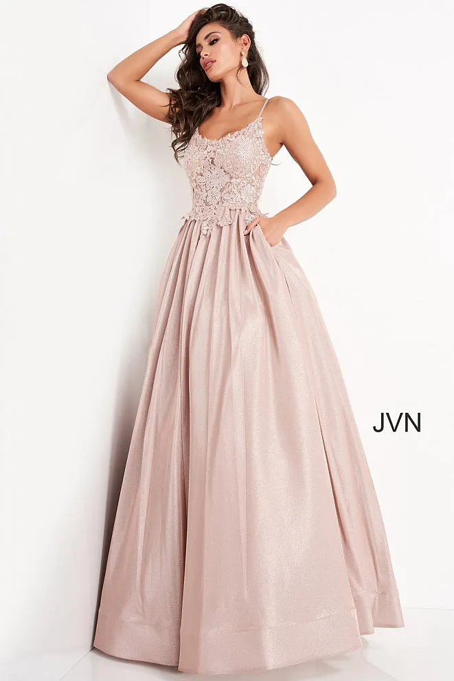 JVN03038 Red Prom Dress sheer lace bodice shimmer iridescent ball gown size 4