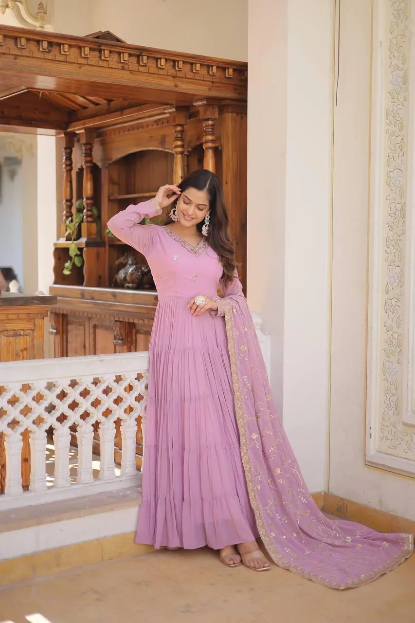 Lavender Georgette Embroidered Gown With dupatta
