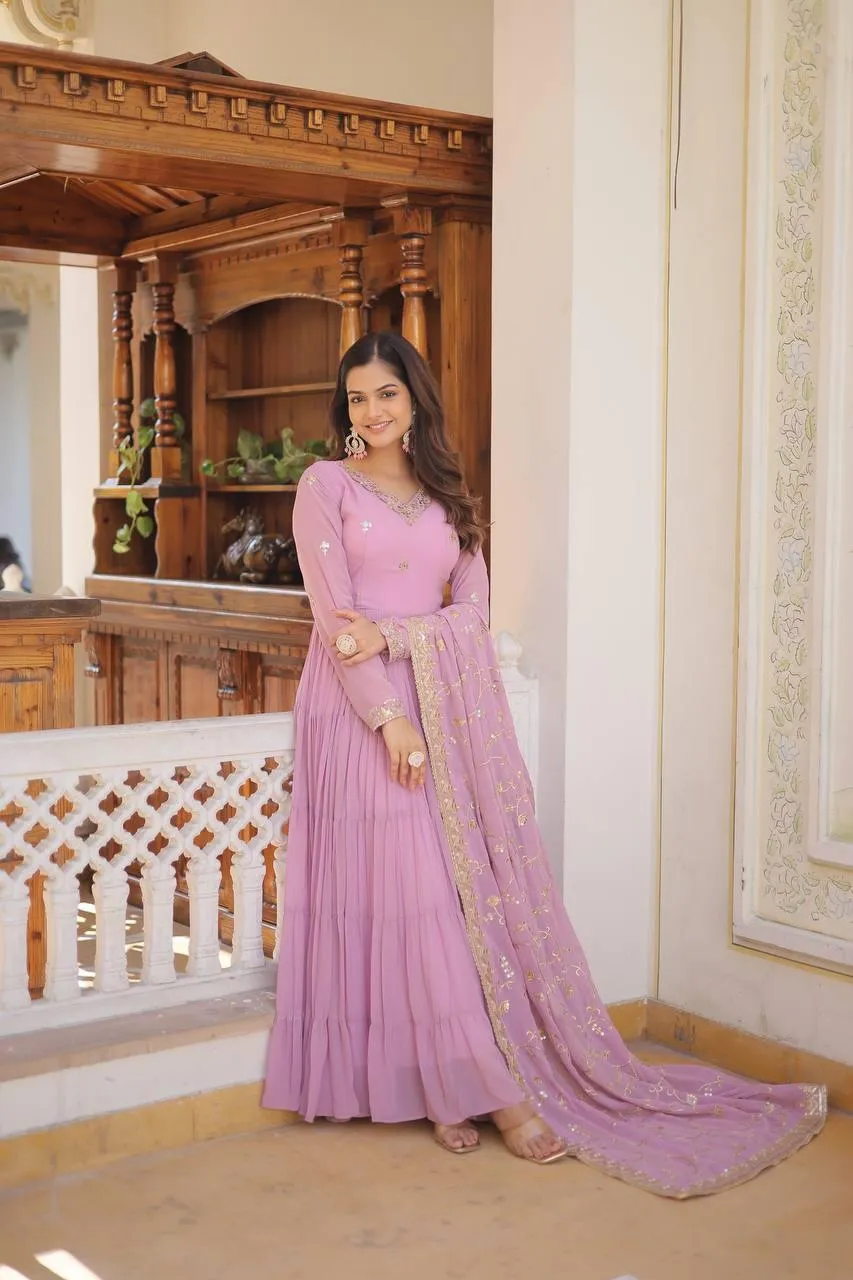 Lavender Georgette Embroidered Gown With dupatta