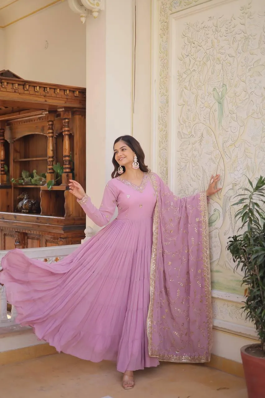 Lavender Georgette Embroidered Gown With dupatta