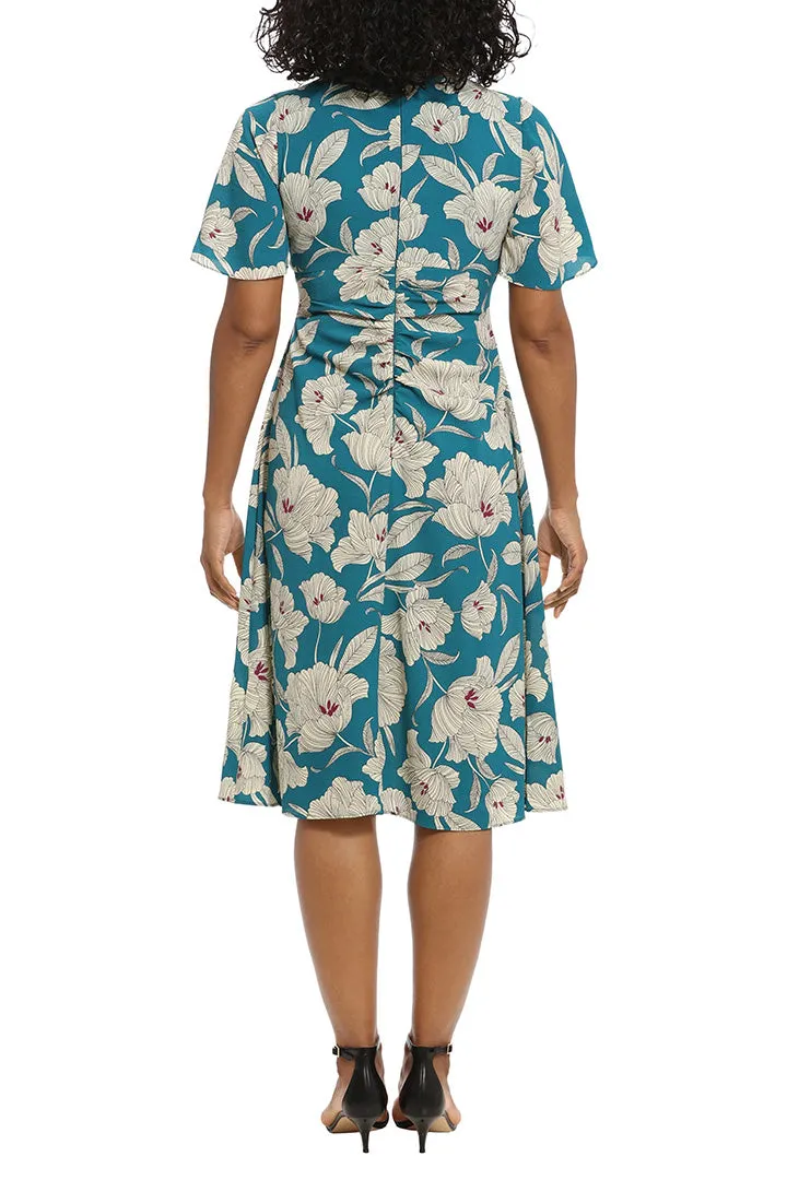 London Times V-neck flutter sleeve ruched bodice floral print bubble crepe dress