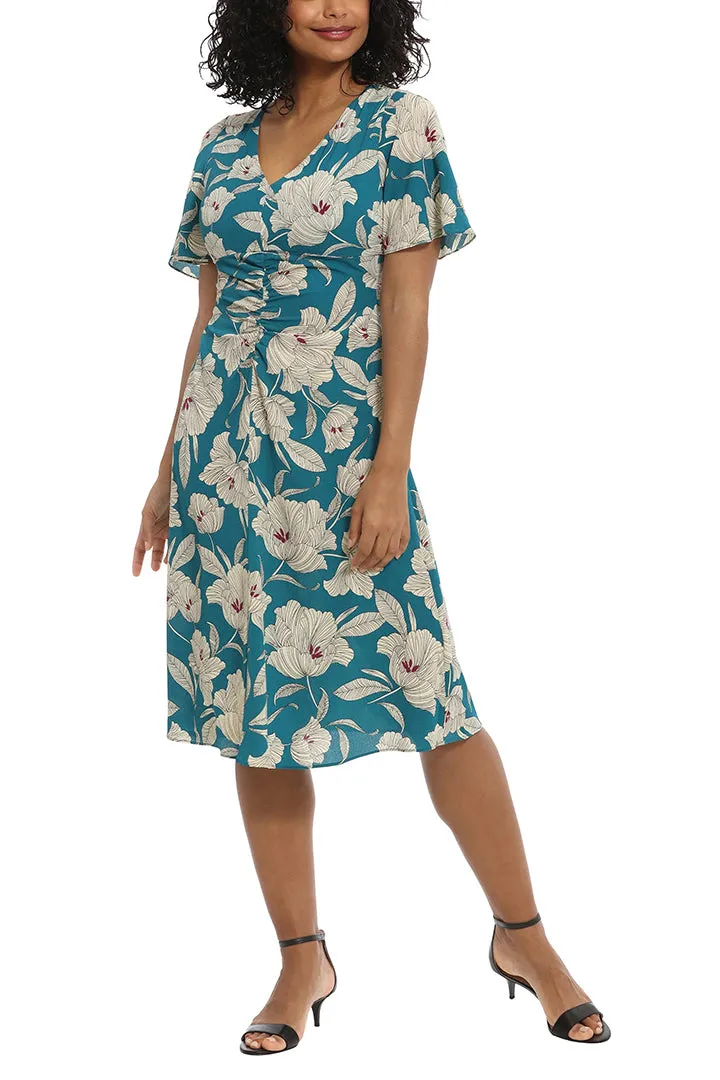 London Times V-neck flutter sleeve ruched bodice floral print bubble crepe dress