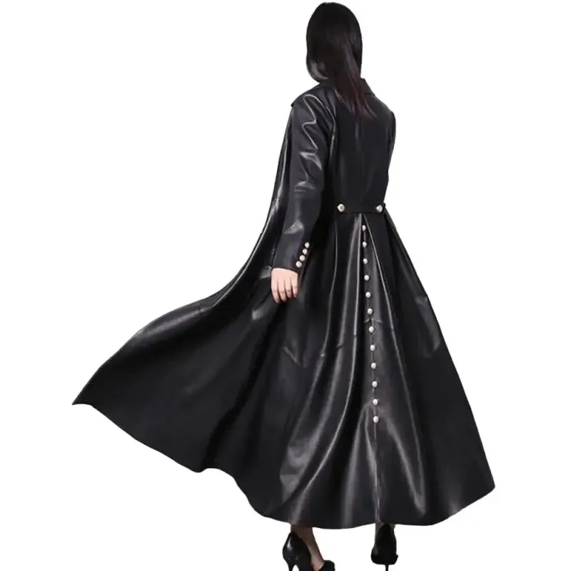 Long Skirted PU Leather Trench Coat