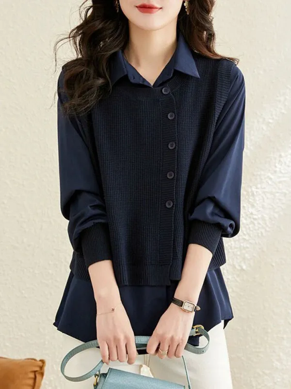 Long Sleeves Loose Solid Color Lapel  Inner Shirt   Buttoned Pockets Outer Knit Vest Two Pieces Set