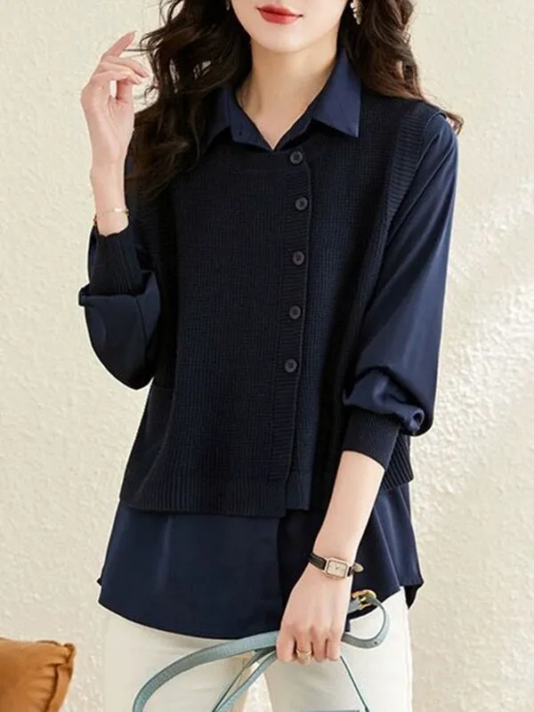 Long Sleeves Loose Solid Color Lapel  Inner Shirt   Buttoned Pockets Outer Knit Vest Two Pieces Set