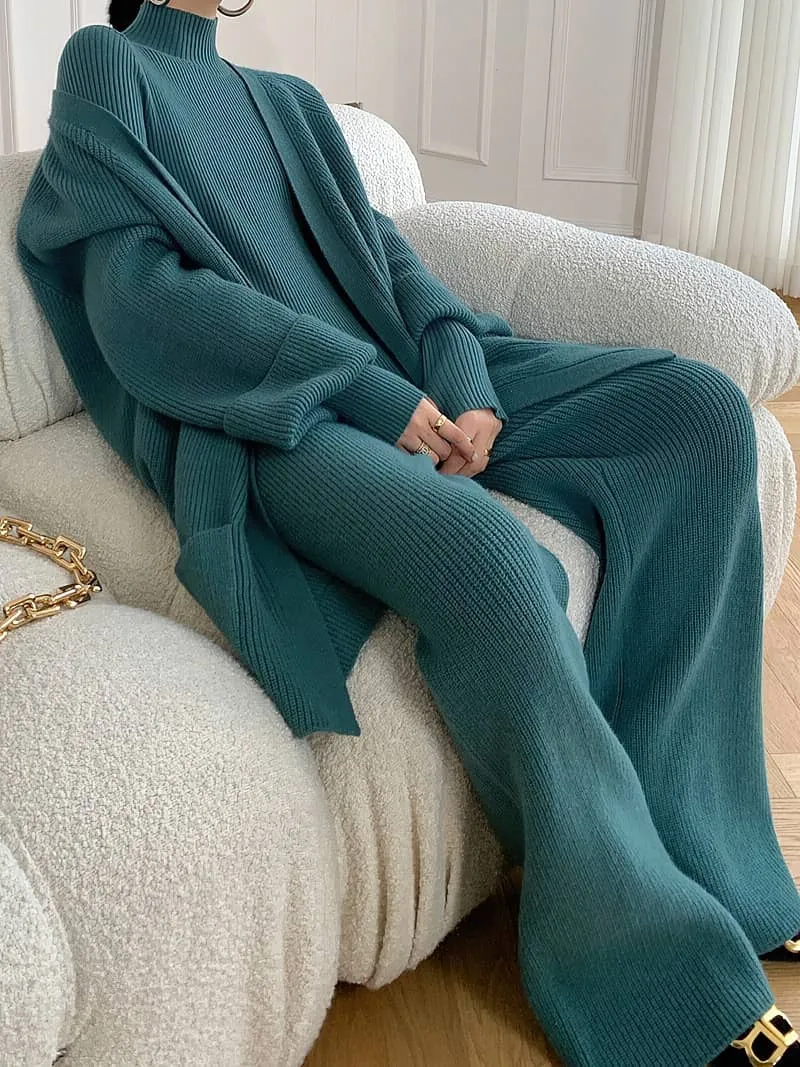 Loose Straight Leg pants cardigan sweater coat Two-piece   turtleneck top