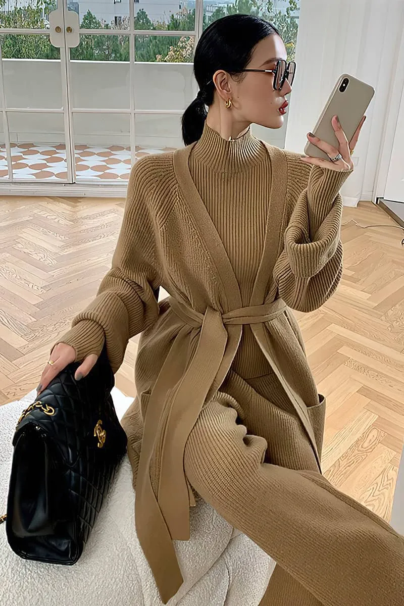 Loose Straight Leg pants cardigan sweater coat Two-piece   turtleneck top