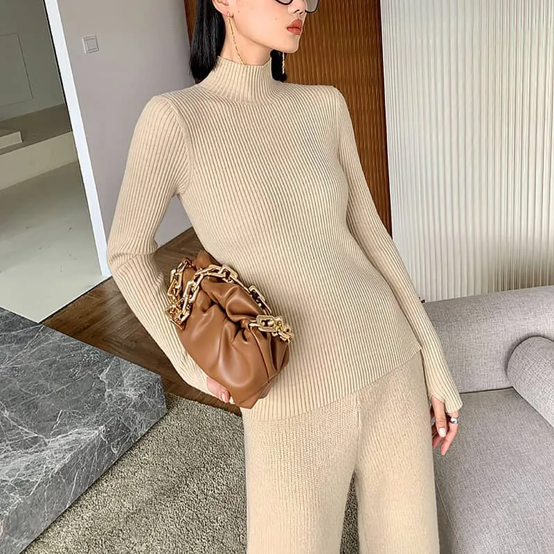 Loose Straight Leg pants cardigan sweater coat Two-piece   turtleneck top