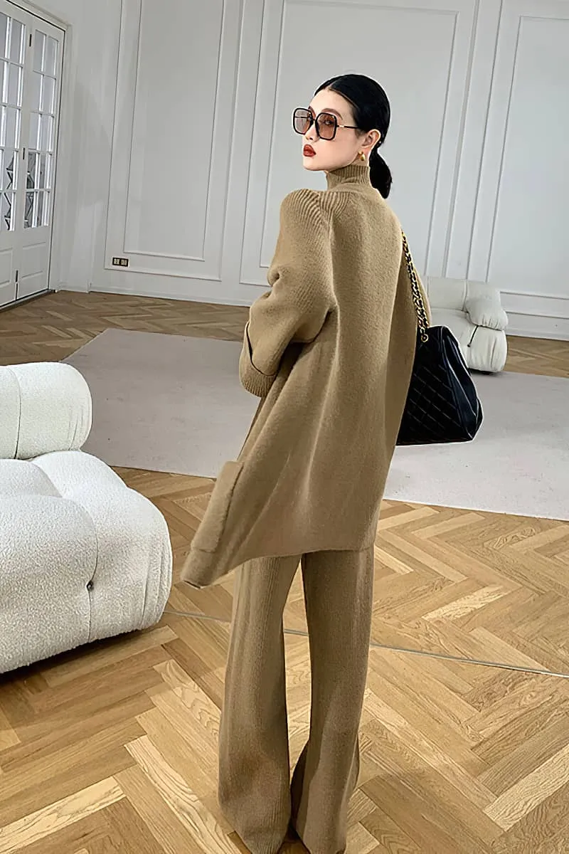 Loose Straight Leg pants cardigan sweater coat Two-piece   turtleneck top