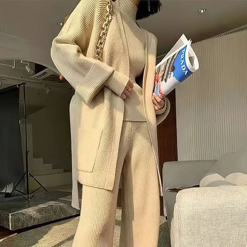 Loose Straight Leg pants cardigan sweater coat Two-piece   turtleneck top
