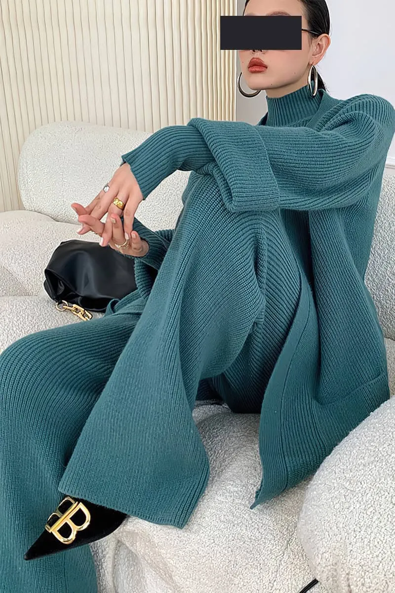 Loose Straight Leg pants cardigan sweater coat Two-piece   turtleneck top