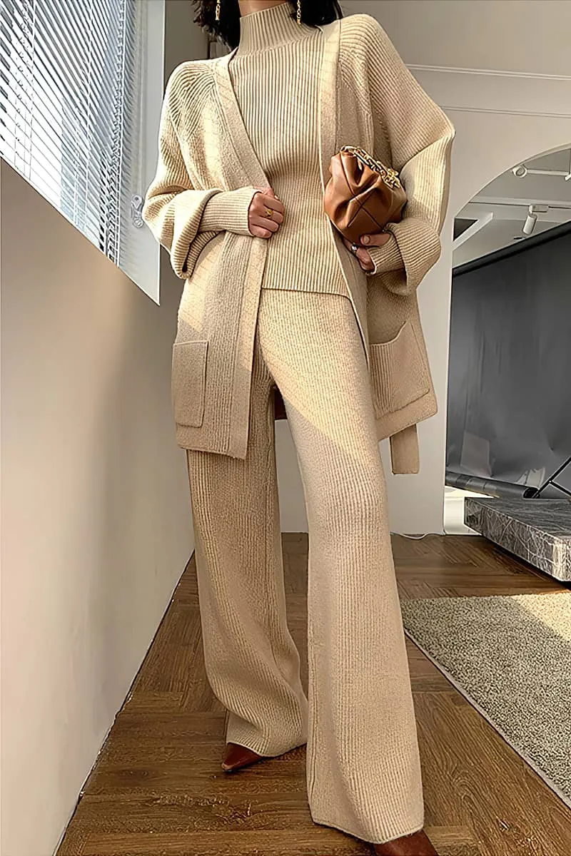 Loose Straight Leg pants cardigan sweater coat Two-piece   turtleneck top