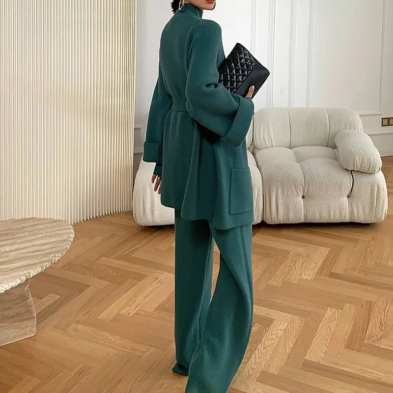 Loose Straight Leg pants cardigan sweater coat Two-piece   turtleneck top