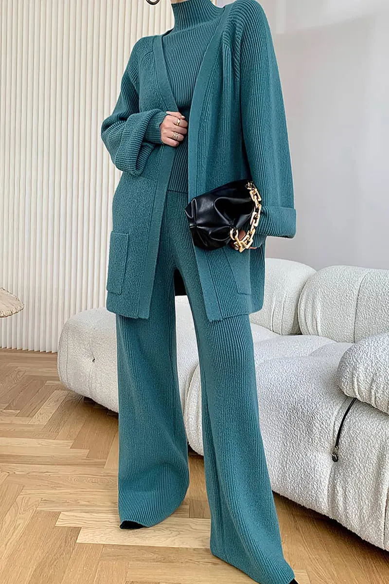 Loose Straight Leg pants cardigan sweater coat Two-piece   turtleneck top
