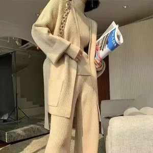 Loose Straight Leg pants cardigan sweater coat Two-piece   turtleneck top