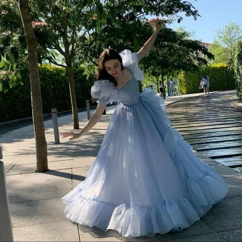 Luolandi Blue Prom Dresses Short Puff Sleeves Ruffles Party Gowns Princess Formal Dresses