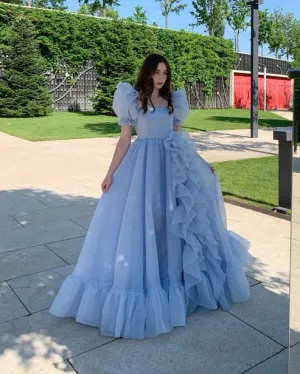 Luolandi Blue Prom Dresses Short Puff Sleeves Ruffles Party Gowns Princess Formal Dresses