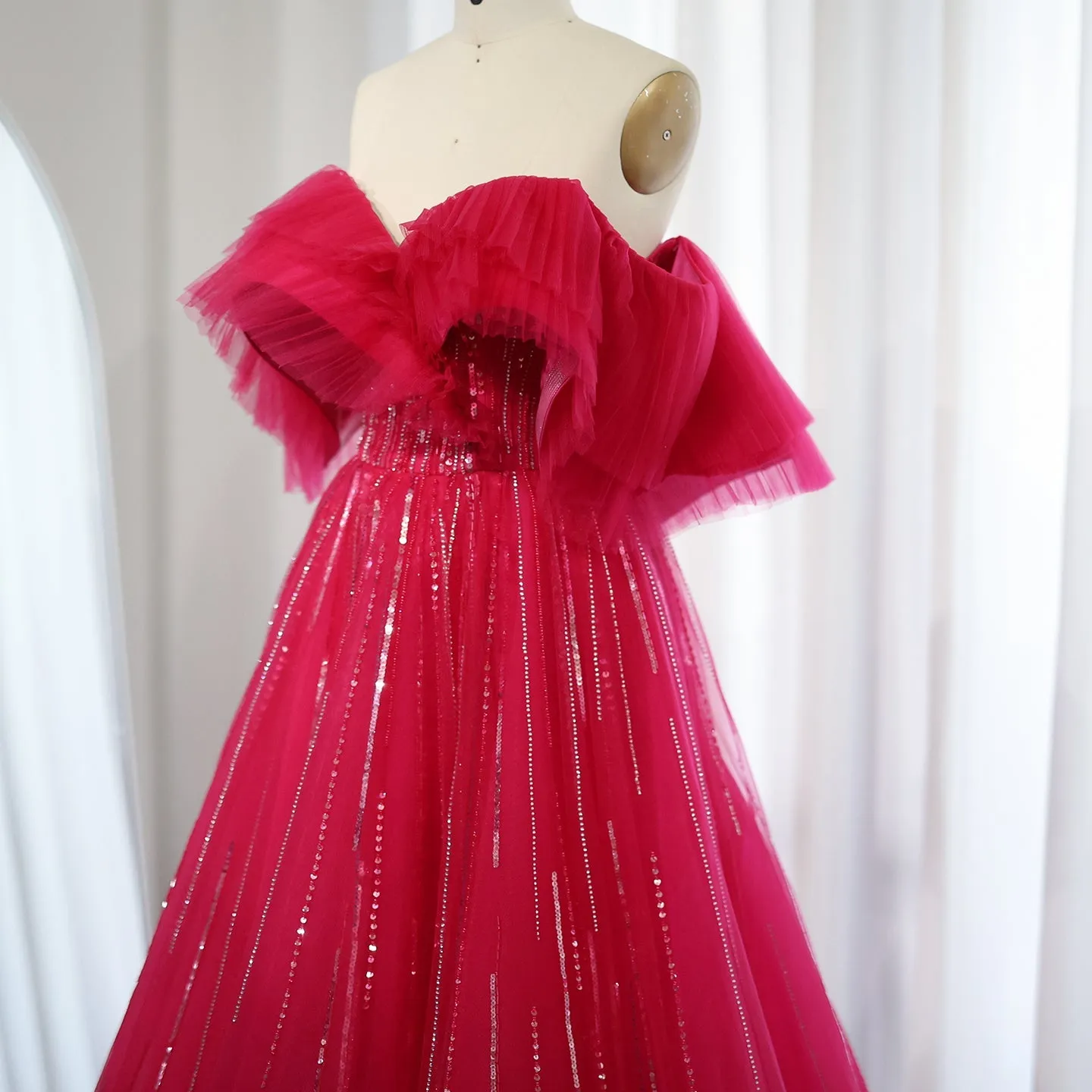 Luxury Off Shoulder Ball Gown Fuchsia Evening Dress SS390