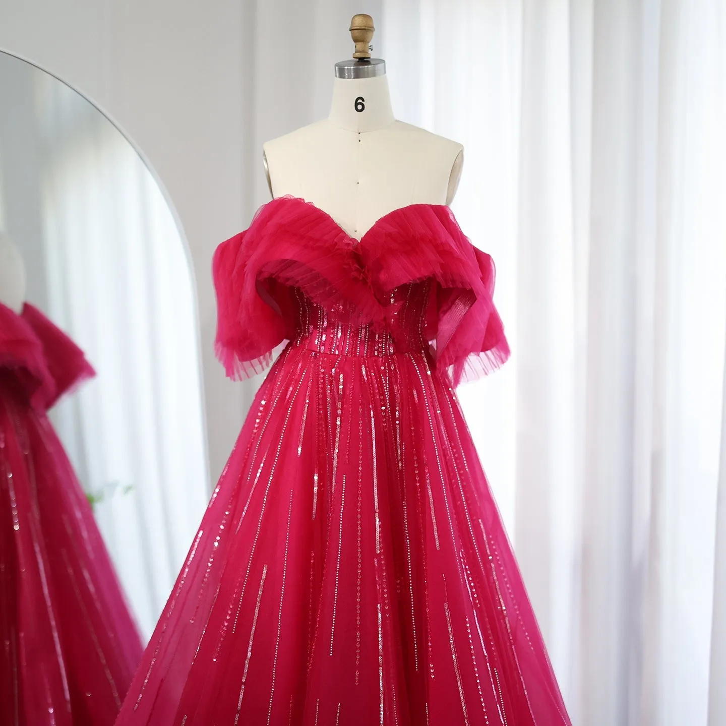 Luxury Off Shoulder Ball Gown Fuchsia Evening Dress SS390