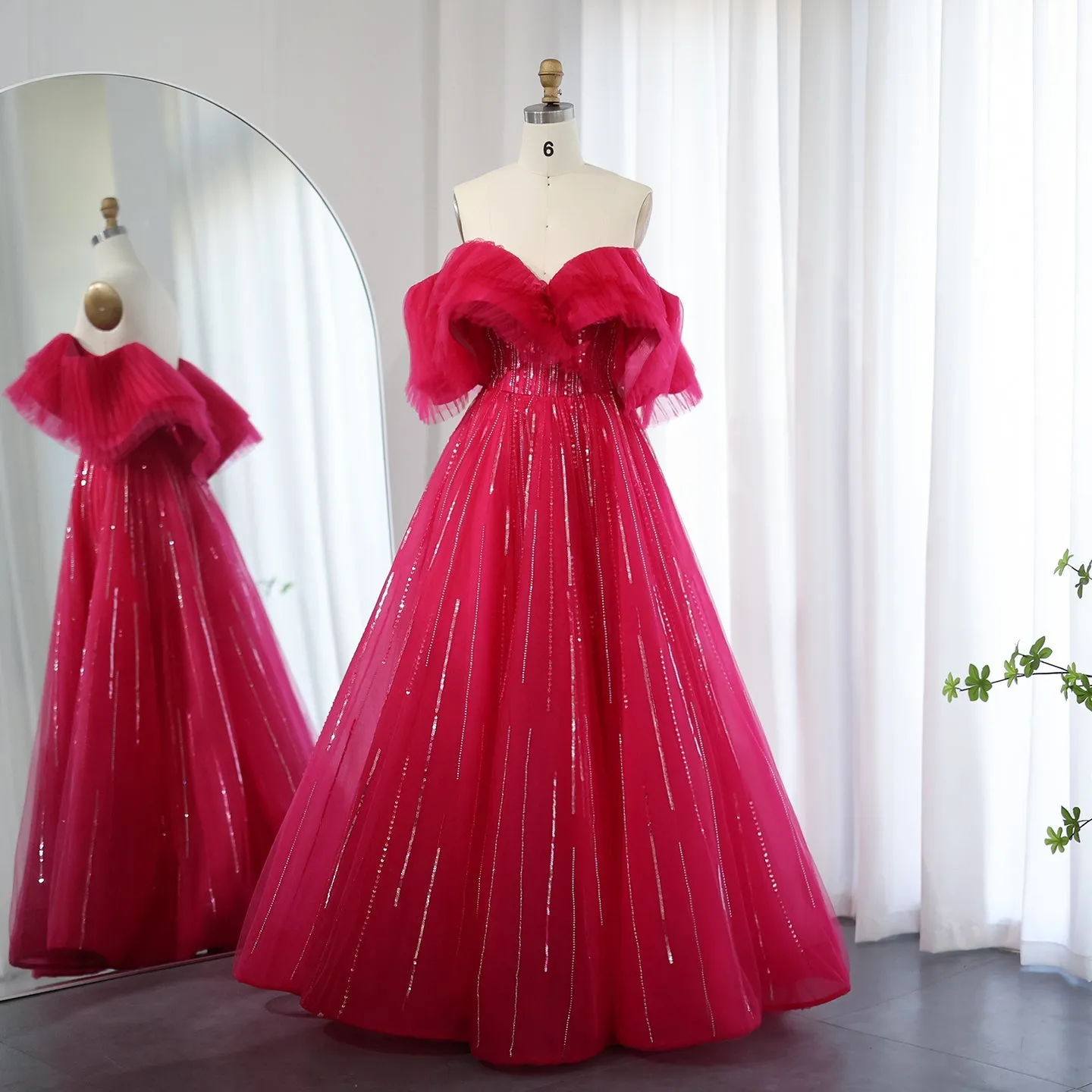 Luxury Off Shoulder Ball Gown Fuchsia Evening Dress SS390