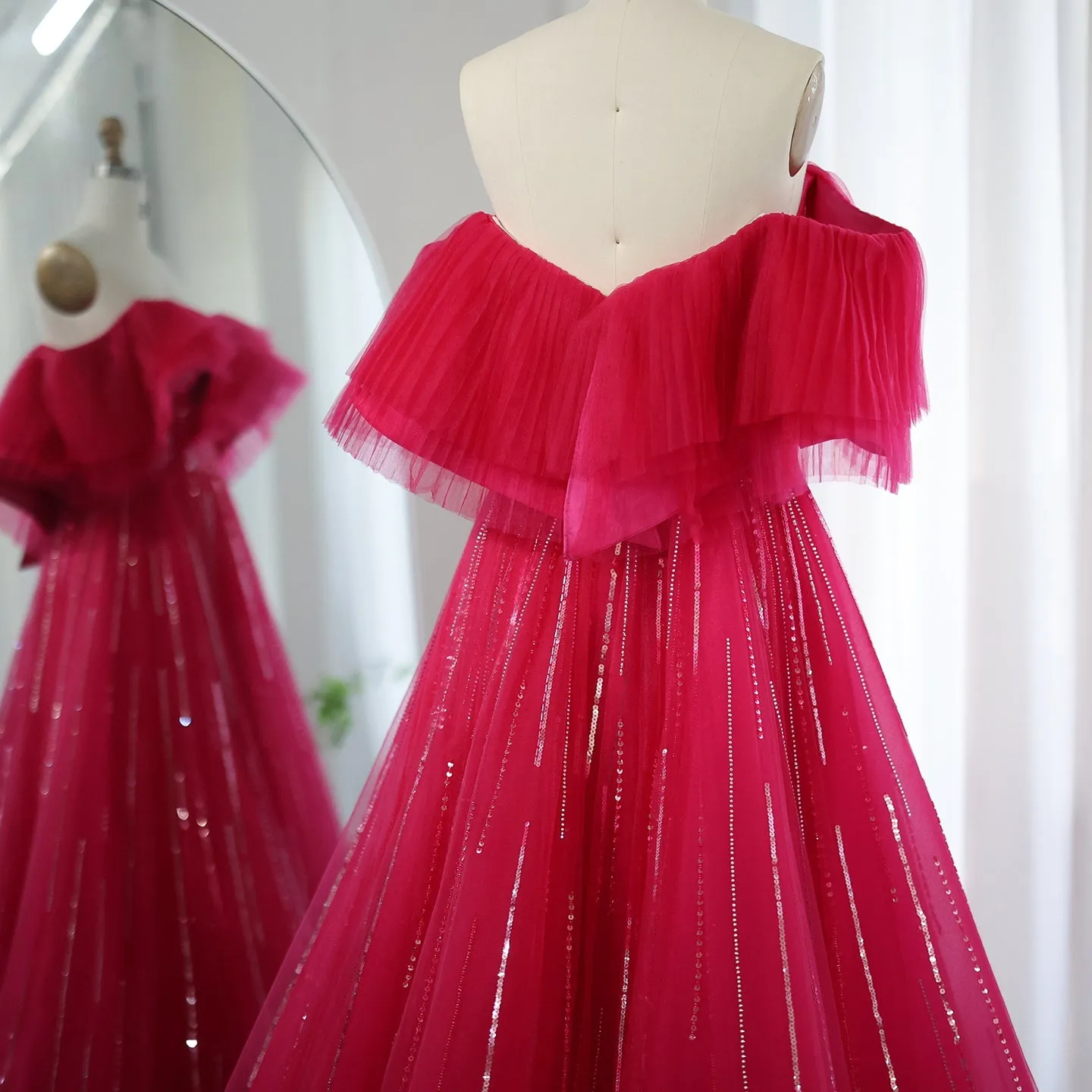Luxury Off Shoulder Ball Gown Fuchsia Evening Dress SS390