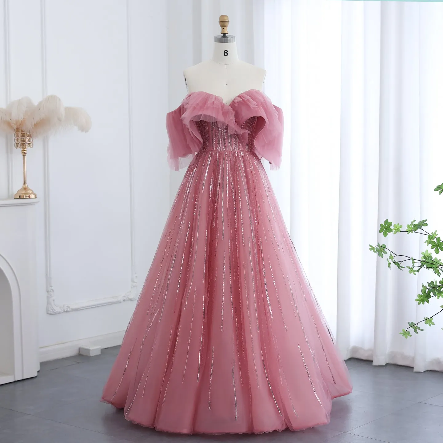 Luxury Off Shoulder Ball Gown Fuchsia Evening Dress SS390