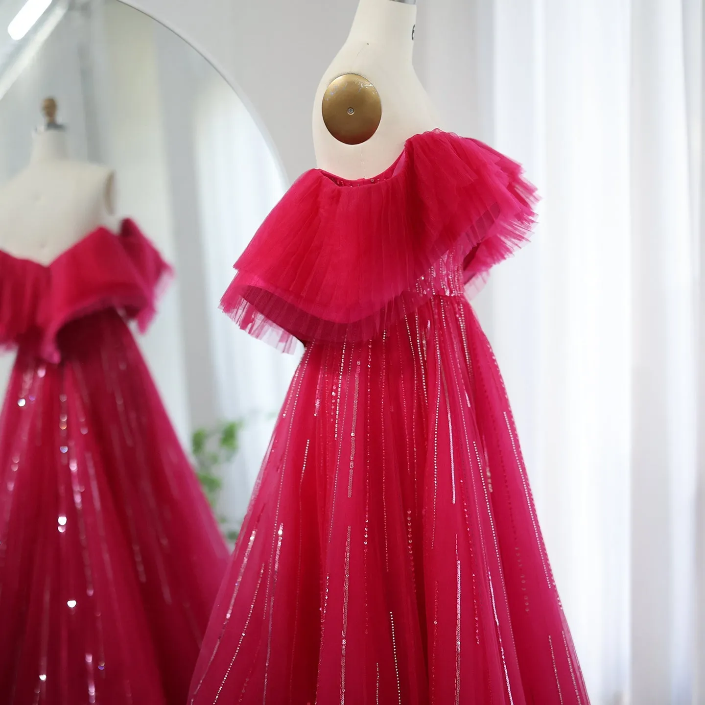 Luxury Off Shoulder Ball Gown Fuchsia Evening Dress SS390