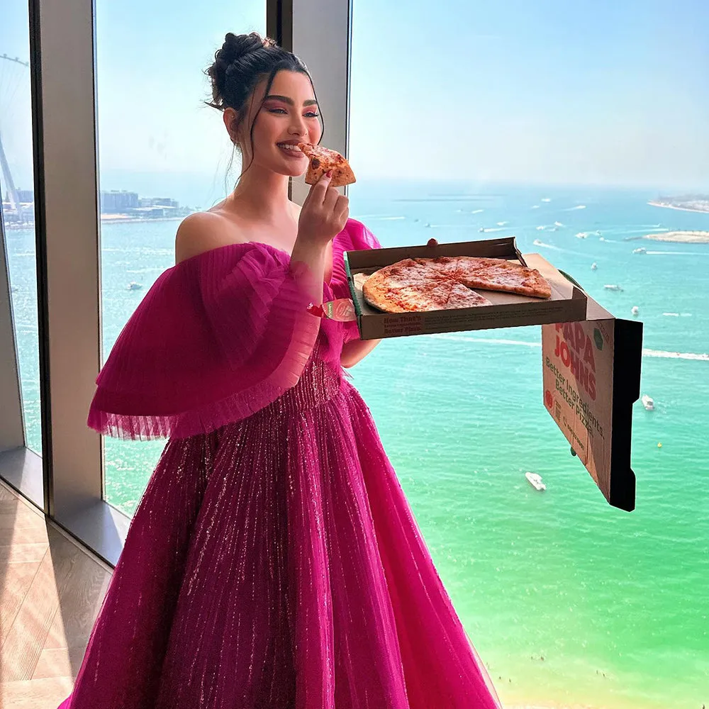 Luxury Off Shoulder Ball Gown Fuchsia Evening Dress SS390