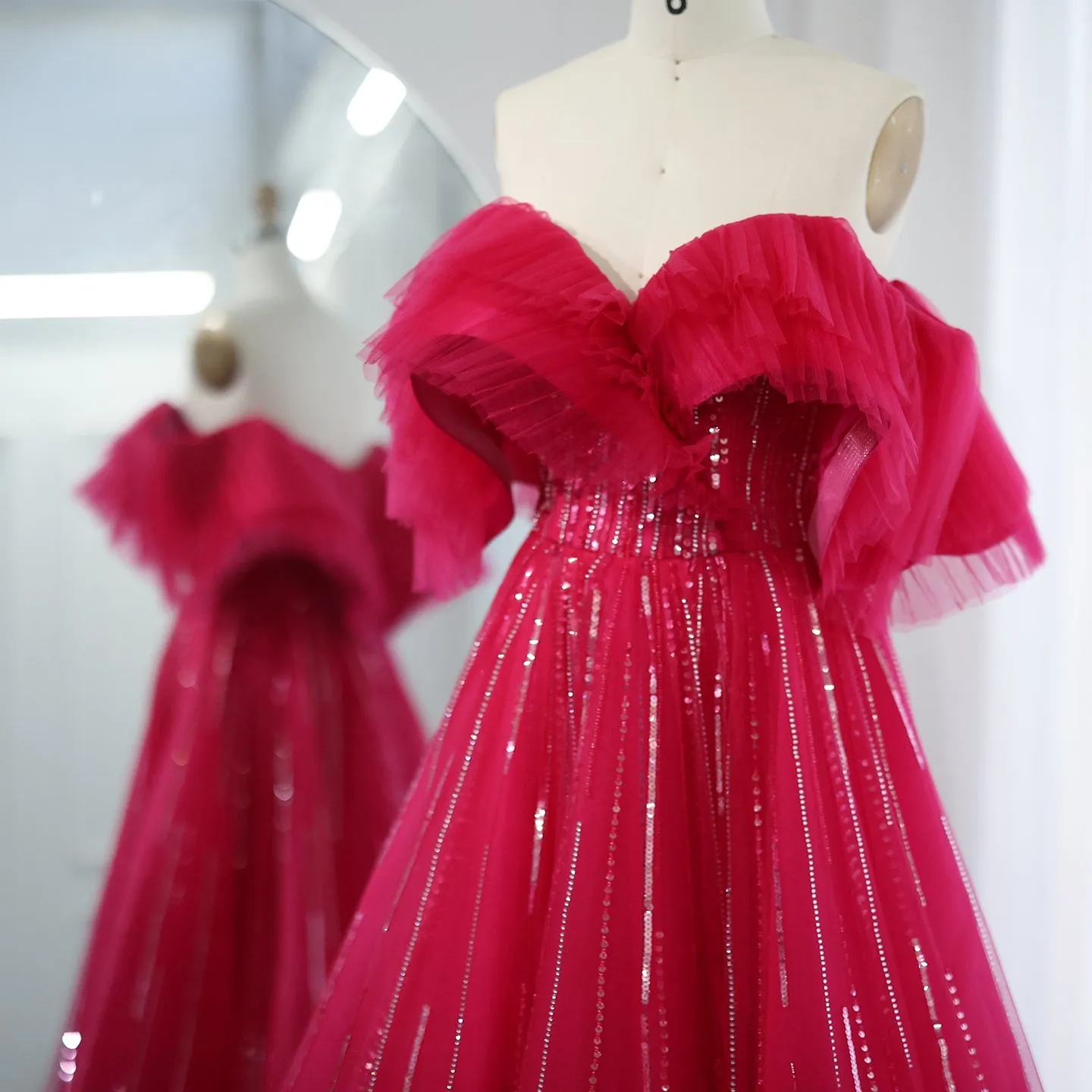 Luxury Off Shoulder Ball Gown Fuchsia Evening Dress SS390