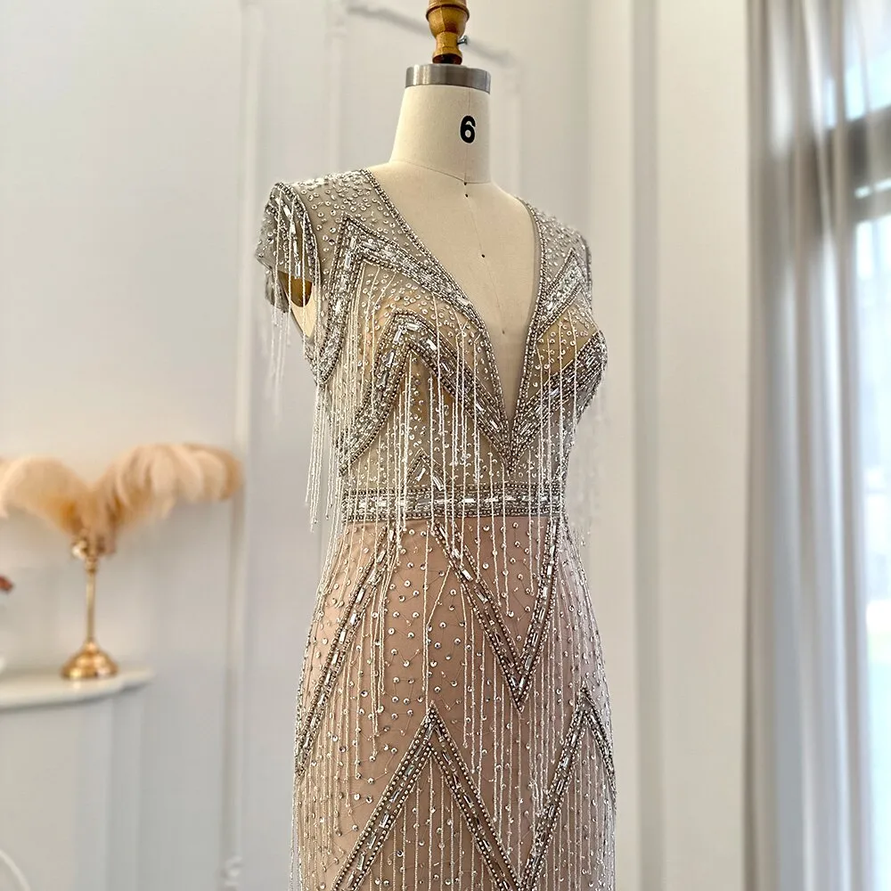 Luxury Tassel Silver Mermaid Evening Dress SS029