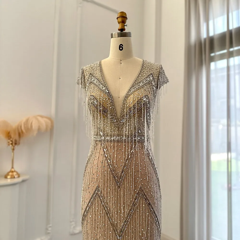 Luxury Tassel Silver Mermaid Evening Dress SS029