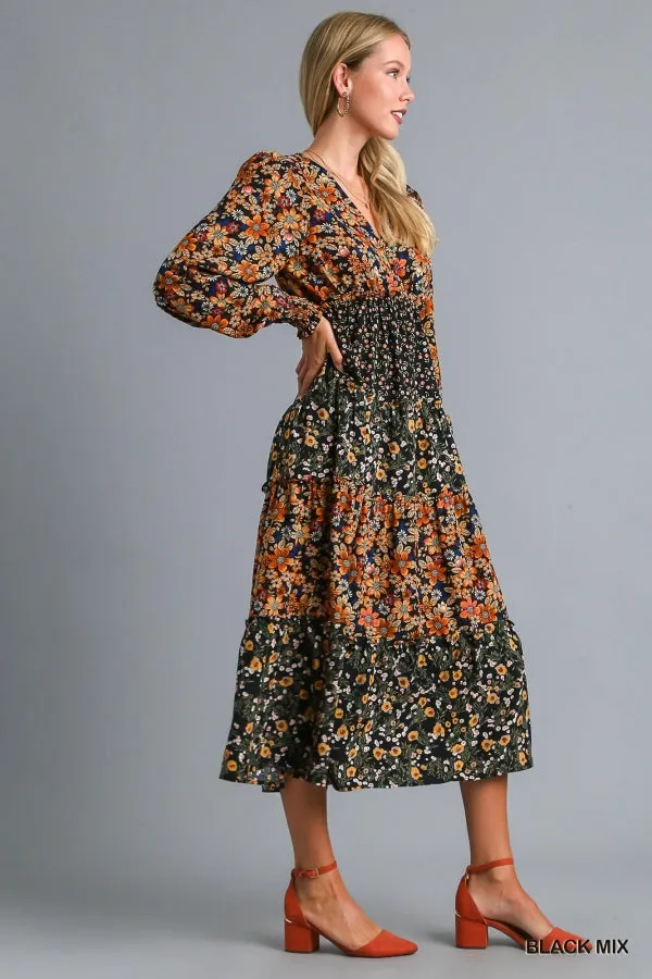Mixed Floral Print Midi Dress