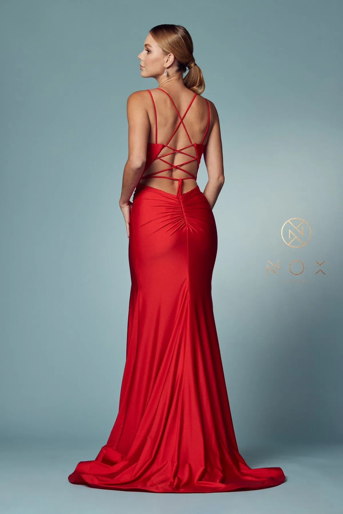 Nox Anabel T481 Size 8 Long Fitted Jersey Prom Dress Backless Corset Slit Formal Gown Train